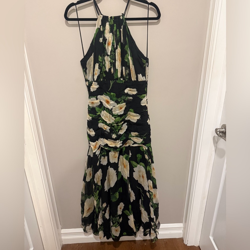 Carolina Herrera Womens Halter Neck Gathered Silk Midi Dress Floral Black - Picture 2 of 9